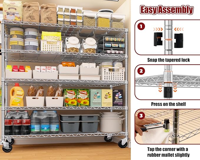 PrimeZone 5 Tier 48" Wx24''Dx81''H Wire Shelving with Wheels 3000lbs NSF Certified Storage Shelves Heavy Duty Metal Shelf Adjustable Rolling Rack Commercial Garage Restaurant Warehouse Kitchen Chrome