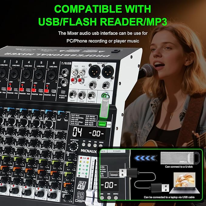Audio Mixer 8 Channel Professional Sound Mixer Console with 99 DSP Effects, Mixing Board DJ Mixer w/USB, Bluetooth, 48V Power Supply, PAD Button for Recording Karaoke PA Drum Live Music