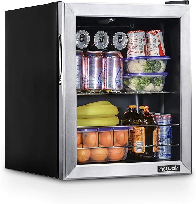 NewAir 60 Can Beverage Refrigerator | Compact Small Mini Fridge for Bedroom, Office or Dorm | Quiet Cooling, Adjustable Shelf & Glass Door Drink Cooler