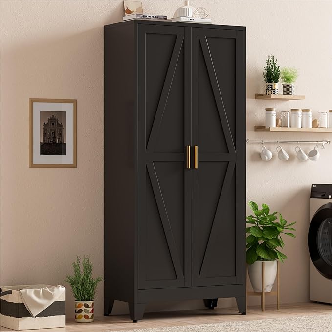 Metal Kitchen Pantry Cabinet,71" Black Farmhouse Storage Cabinet with 2 Vintage Barn Doors and 4 Adjustable Shelves, Rustic Freestanding Cupboard for Kitchen,Home Office Living Room,Dining Room