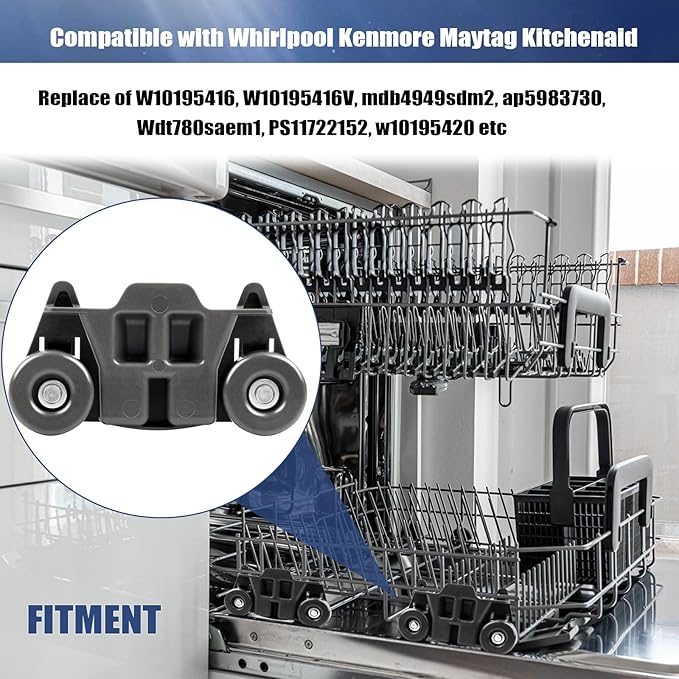 Dishwasher Wheels Lower Rack Upgraded Compatible for Whirlpool/Kenmore/Maytag/Kitchenaid. Replace Dishwasher Rack Wheels Parts of W10195416,W10579095A,PS11722152,W10195420,W10311123B,AP5983730(4PACK)