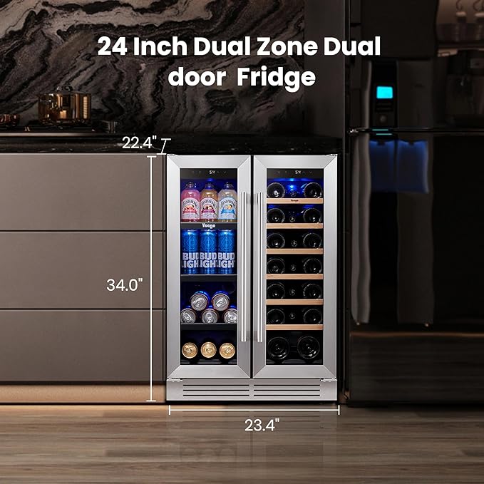 Yeego 24 Inch Wine and Beverage Refrigerator - 60 Cans & 20 Bottles Wine Fridge with Glass Door, 36-72°F Built-In or Freestanding Dual Zone Wine Cooler for Kitchen Bar Office Beer Soda Drink