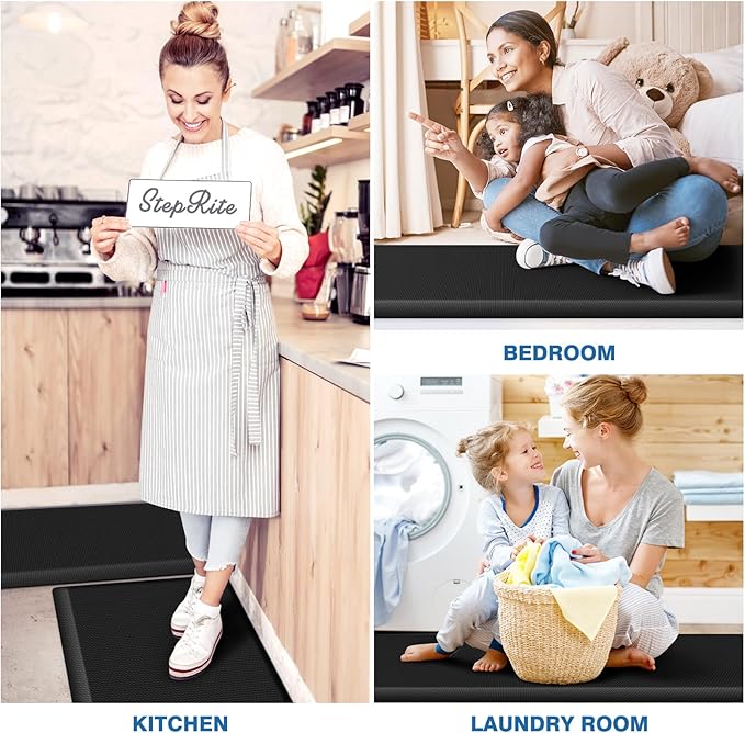 StepRite Kitchen Mats, 2PCS Kitchen Rugs, Cushioned Anti Fatigue Kitchen Mats for Floor, Non-Slip Standing Desk Mat, Waterproof Kitchen Rug Set for Kitchen, 20" x 32"+20" x 72"-Full 1 inch Thick,Black