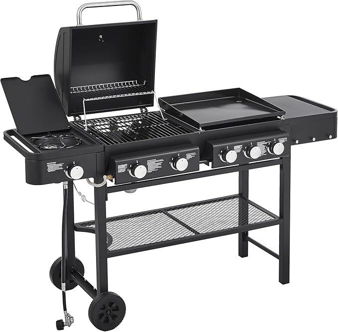 5-Burner Propane Gas Grill with Grilling & Griddling Functions-751 Sq Inch Cooking Space,56000 BTU Output,3-in-1 Combo (Gas Grill + Flat Griddle + Side Burner),Easy-Clean Enamel-Coated Grates