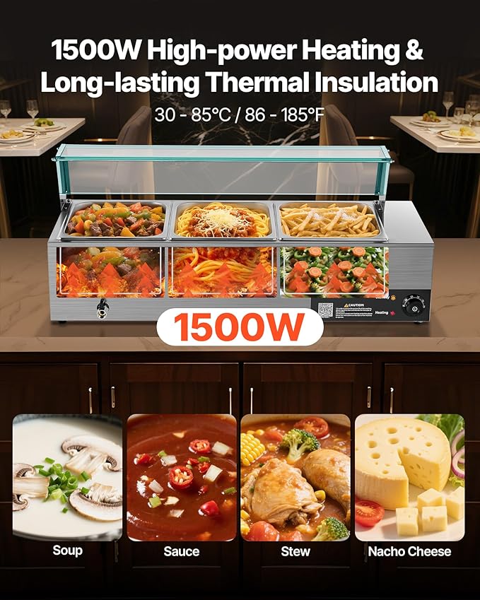 VEVOR Commercial Food Warmer, 1500W Electric Stainless Steel Steam Food Warmer with Glass Cover, 3-Pan Countertop Buffet Bain Marie with Soup & Perforated Ladles, for Catering, Restaurant & Party