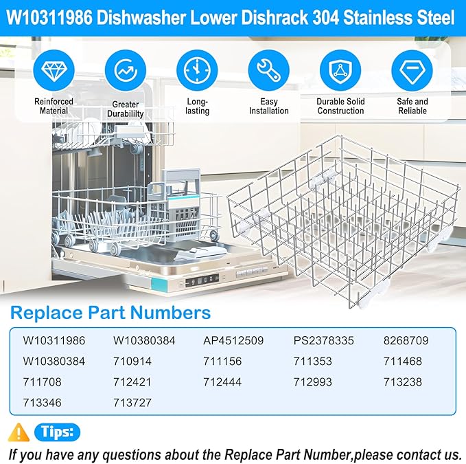 Upgraded W10311986 W10380384 Dishwasher Lower Rack 304 Stainless Steel Compatible with Whirlpool Dishwasher Racks Replacement Parts WDT750SAHZ0 WDTA50SAHZ0 Whirlpool Dishwasher Bottom Rack with Wheel