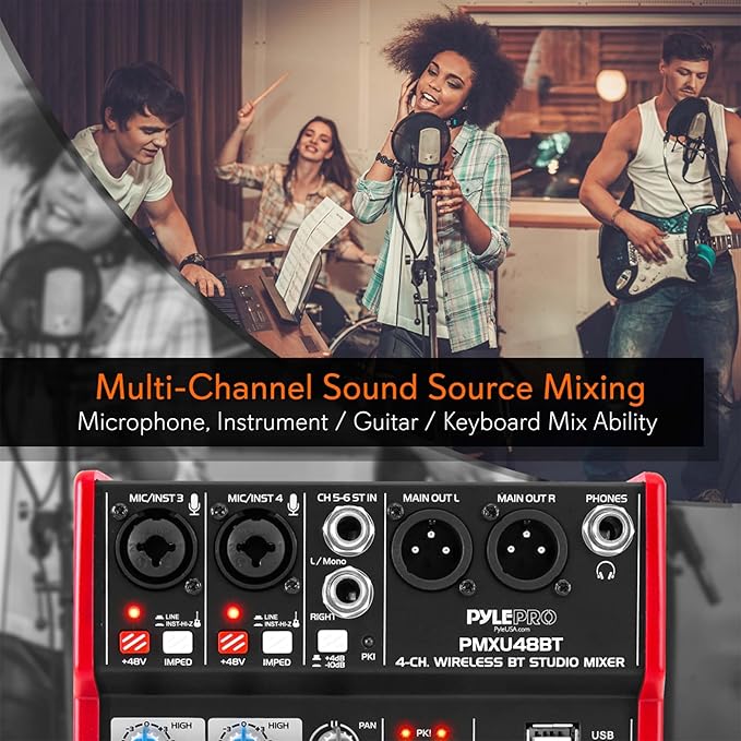 Pyle Studio Audio Sound Mixer Board - 4 Channel Bluetooth Compatible Professional Portable Digital DJ Mixing Console W/USB Mixer Audio Interface - Mixing Boards for Studio Recording