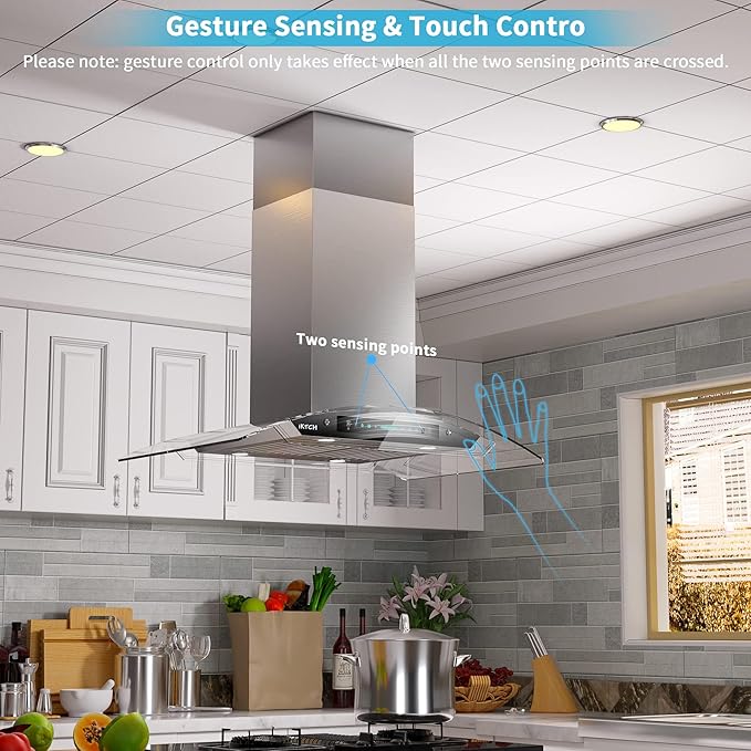 IKTCH 36-Inch Island Mount Range Hood, 900 CFM Ducted, Stainless Steel & Tempered Glass, Gesture Sensing & Touch Control, 4-Speed Fan