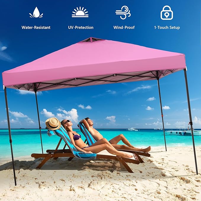 Saemoza 12x12 Pop Up Canopy Tent with One Push Setup, Portable Sun Shade Tent, Instant Easy Up Canopy with 4-Sidewalls & Wheeled Bag, Outdoor Fldable Gazebo with Vent Top, Pink.
