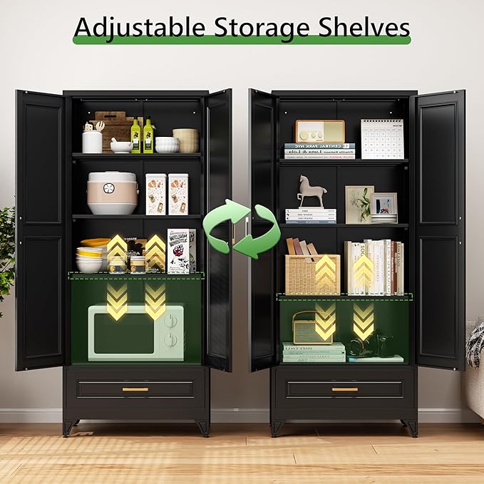 75” Kitchen Pantry Storage Cabinet,Metal Tall Storage Cabinet with Drawers and Adjustable Shelves,Modern Kitchen Hutch Cabinets,Freestanding Cupboard for Living Room
