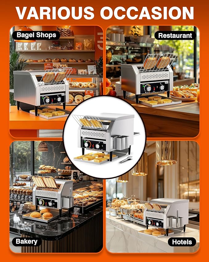 PYY Commercial Conveyor Toaster - 300 Slices/Hour Restaurant Conveyor Toaster for Bun Bagel Bread, Heavy Duty Stainless Steel 1900W, 110V