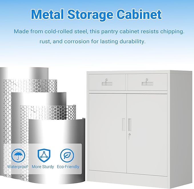 BESFUR Metal Storage Cabinet, Locking Storage Cabinet with Doors and Shelves, White Metal Cabinets with Drawers for Office, Home, Garage
