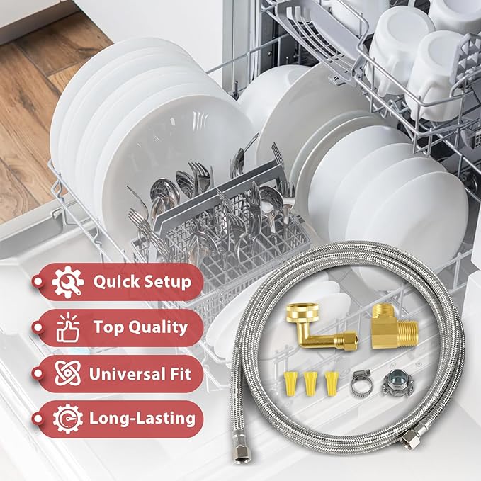 EFIELD Dishwasher Installation Kit, 6 FT Stainless Steel Supply Hose, 3/8" X 3/8" Compression Adapter, 3-Wire 6” Power Cord with Tap(HOSE149)