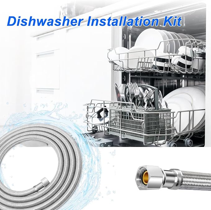 Dishwasher Installation Kit - 10 FT Stainless Steel Dishwasher Hose with 3/8" Compression Connections,Food Grade PEX Inner Tube Dishwasher Water Supply Line with Elbows,Adapters