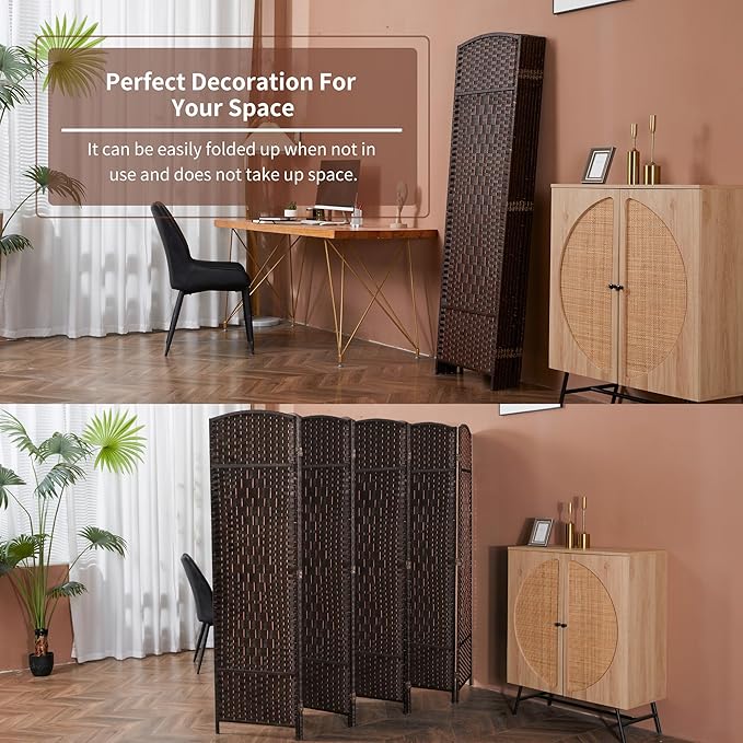 Duraspace 8 Panels Room Divider 6 FT Tall Weave Fiber Privacy Screen Freestanding Double Hinged Folding Screen Extra Wide Room Dividers for Patio Privacy (Brown)