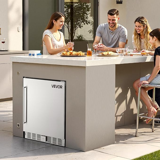 VEVOR 24-Inch Outdoor Beverage Refrigerator, 150 QT Built-in Drink Fridge, 0.56 kWh/Day Energy-Efficient Cooler with 304 Stainless Steel Door, Holds 180 Cans for Outdoor Kitchen, Home Bar, Patio