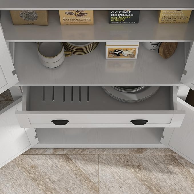 HOMCOM 72.5" Kitchen Pantry Cabinet, Traditional Freestanding Storage Cabinet with 4 Doors, Drawer and 3 Adjustable Shelves for Dining Room, White Wood Grain
