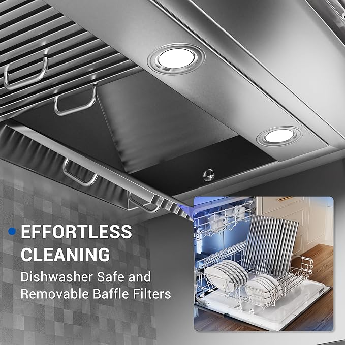 48-inch Range Hood Insert with Inline Remote Blower, CT Copper Tailor 1260CFM Kitchen Vent Hood, 4-Speed Exhaust Fan, 4 LED Lights, 8" Round Ducted,Baffle Filters, in Stainless Steel