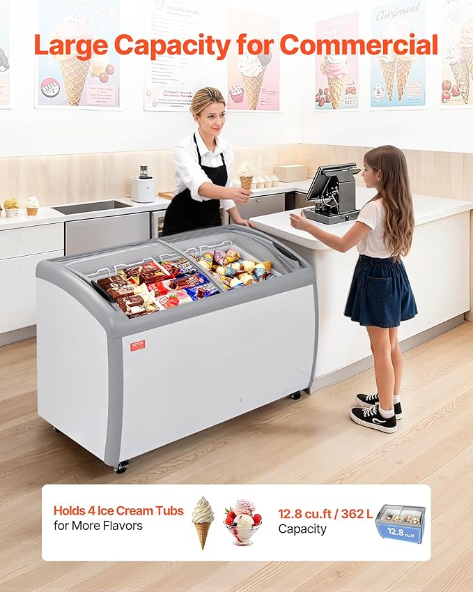 VEVOR Commercial Ice Cream Display Case, 12.8 Cu.ft Chest Freezer, -19 to 3℉ Temp Adjustable Mobile Top Deep Freezer with 4 Wire Baskets, 2 Sliding Glass Doors, Locking Casters & LED Strip Lighting