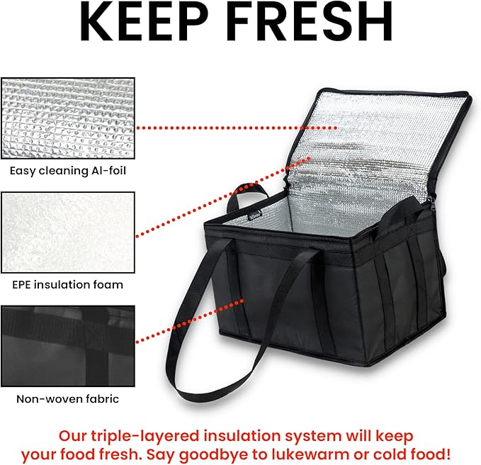 NZ home Insulated Bags for Food Delivery (Large) Grocery Shopping Cooler Bag, Pizza Delivery, Hot & Cold Catering Tote, Reusable, Foldable & Heavy Duty (Black)