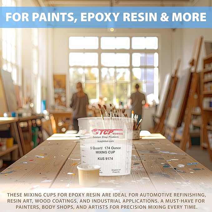 Custom Shop Paint Mixing Cups, 5-Quart (48 Pack) - Plastic Measuring Cups for Liquids, Automotive Painting, Epoxy Resin, Acrylic Arts, Crafts, Disposable or Reusable, Graduated, Mixing Ratios
