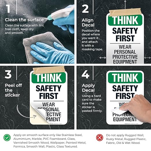 Think Safety First Wear Personal Protective Equipment Sign, 10x7 Inches, 4 Mil Vinyl Decal Stickers Weather Resistant, Made in USA