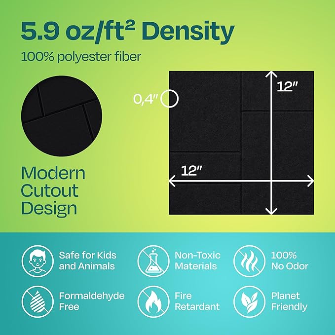 Acoustic Panels 12-Pack Soundproof Wall Panels 12"x12"x0.4" Decorative Sound Dampening for Your Home, Office, Studio, Bedroom & More with Unique GridFrame Carving [Deep Black]