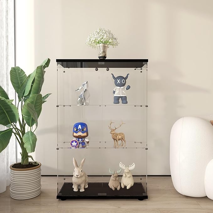 Frameless Glass Display Cabinet, Curio Cabinet with Lock and 2 Doors, Quick-Install Floor Standing Showcase Display Shelf for Collectibles, Legos, Figures, Plants
