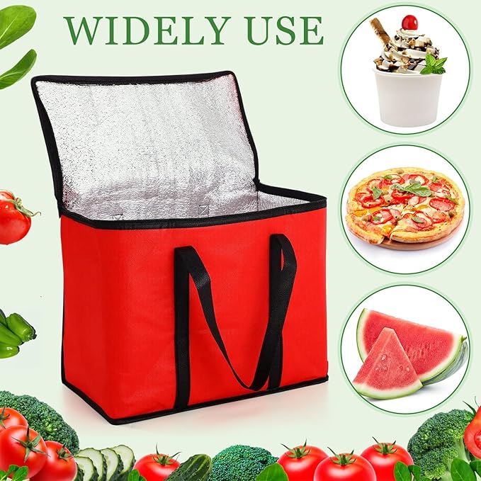 Kenning 8 Pcs Large Insulated Reusable Grocery Bags with Sturdy Zipper and Handles Foldable Washable Cooler Totes Heavy Duty Hot or Cold Food Delivery Bag for Food Transport Travel Lunch (Red Black)