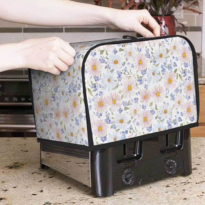 2 Slice Toaster Cover for Kitchen Flower Pastel Floral Waterproof and Dustproof Toaster Dust Cover with Side Pockets Decorative Universal Cover for Wide Slot Toasters and Small Appliances