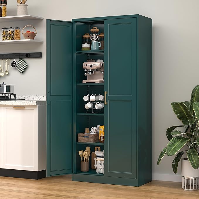 71” Metal Tall Kitchen Pantry Cabinet,Storage Cabinet with Doors and Adjustable Shelves,Modern Kitchen Hutch Cabinet,Freestanding Cupboard for Dining Living Room