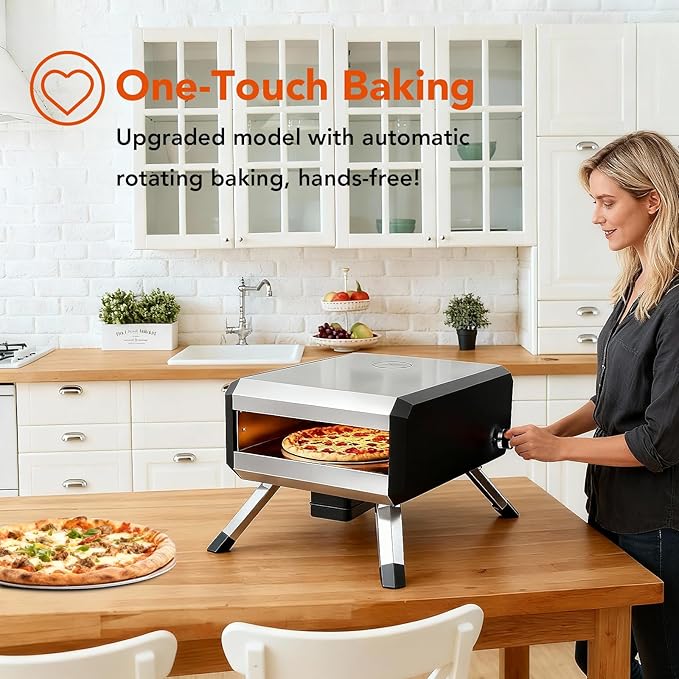 Pizza Oven, with 14" Pizza Stone and Legs,Automatic Rotation Function Outdoor Gas Pizza Ove, Carbon Steel Material,Maximum Temperature of 700°F, for Camping, Parties and Backyard Barbecues,Outdoor