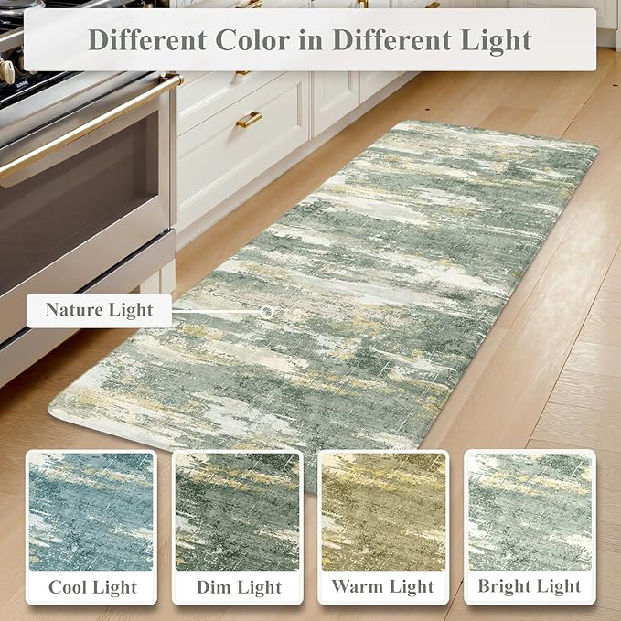 Collive Anti Fatigue Kitchen Mats, Grey/Green Abstract Kitchen Rugs Sets of 2 Non Slip Waterproof Standing Mat, Cushioned Comfort Desk Rug for Home Office, Sink, Laundry, 17"x29"+17"x47"