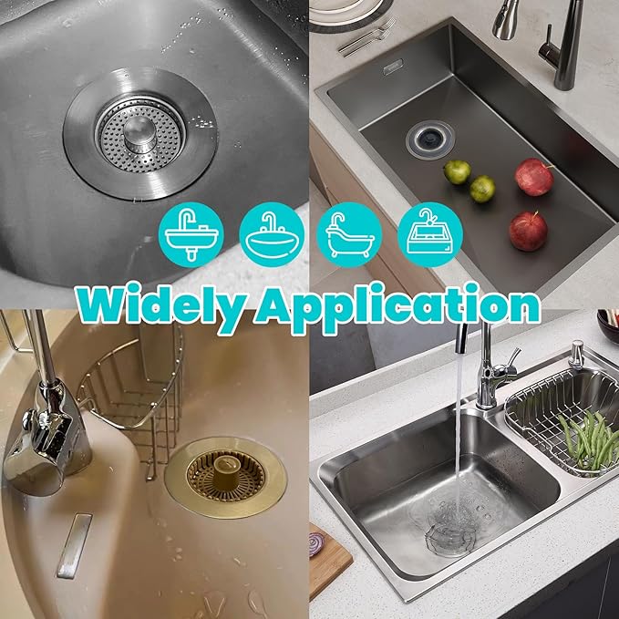 Kitchen Sink Drain Strainer, 304 Brushed Stainless Steel Pop Up Sink Stopper for US Standard 3-1/2 Inch, Upgraded 3 in 1 Sink Drain Strainer with Anti-Clogging Basket, Stainless Steel Filter