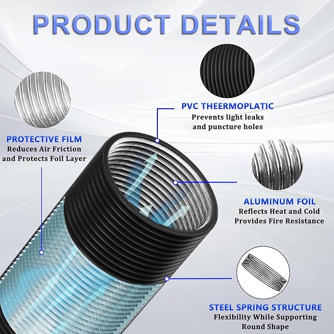 6 Inch Flexible Ducting Hose 8 Feet Black Aluminum Ducting -4 Layer Protection Dryer Vent Hose for HVAC Heating Cooling Ventilation and Exhaust, 2 Clamps Included