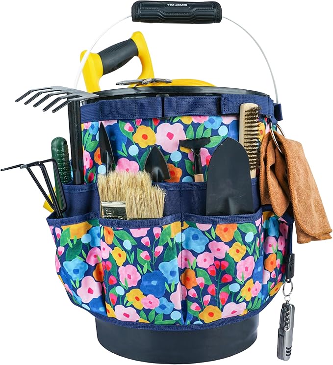 MELOTOUGH Bucket Caddy Organizer Bucket Tool Organizer for Garden Tools Fit 3.5 to 5 Gallon Bucket (Blue Flower)