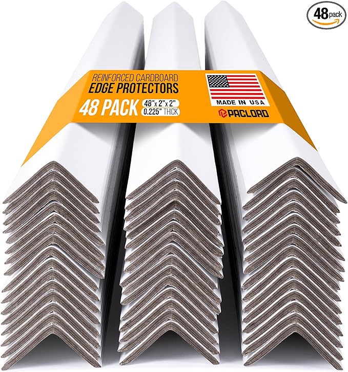 48" x 2" x 2" Reinforced Cardboard Edge Protectors, White (Pack of 48) – 0.225" Thick Extra Heavy-Duty Cardboard Corner Protectors – American Quality V-Board Pallet Edge Protectors