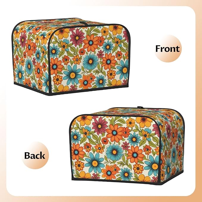 4 Slice Toaster Cover for Kitchen Hippie Flower Retro Waterproof and Dustproof Toaster Dust Cover with Side Pockets Decorative Universal Cover for Wide Slot Toasters and Small Appliances