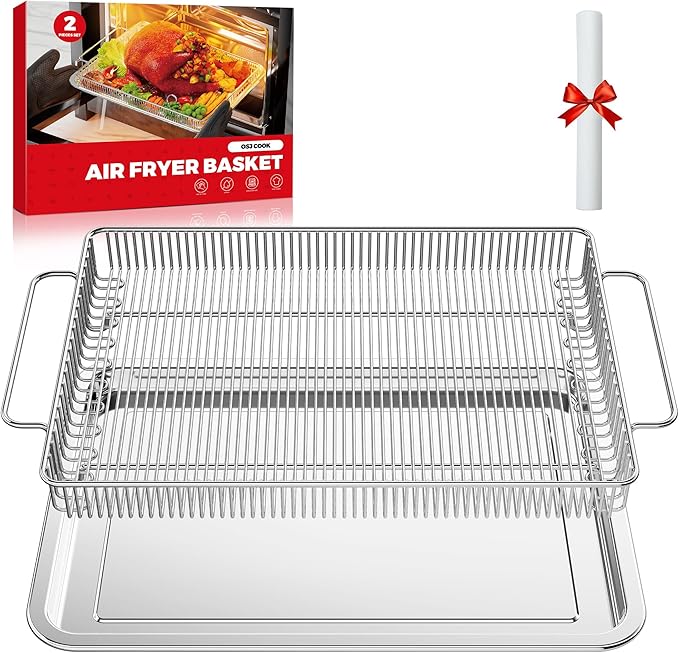 Air Fryer Basket for Oven, Air Fryer Basket and Stainless Steel Baking Tray Pant Oven Air Fryer Pan Rack for Cooking Baking Dishwasher and Broiling (15.9 in * 9.8 in &14.9 in * 11 in)
