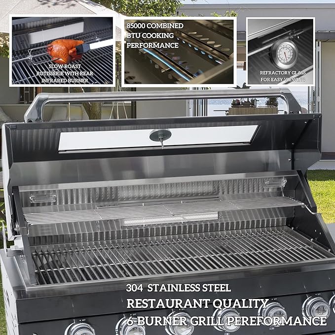 96 Inches 6-Burner 72,000 BTU Deluxe Stainless Steel Propane Gas Grill Outdoor Kitchen Island,Sink,Storage Cabinet and Beverage Refrigerator Storage&Drawers for Patio Backyard,Silver