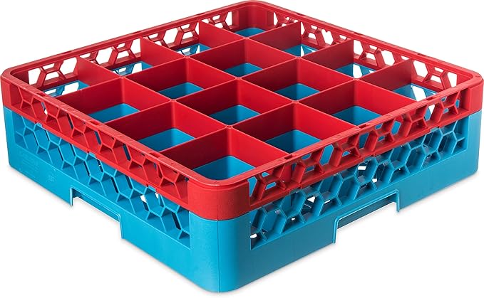CFS RG16-1C410 OptiClean 16 Compartment Glass Rack with 1 Extender, 5.56", Polypropylene, Red/CFS Blue