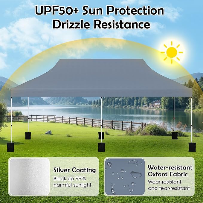 Tangkula 10x20 Ft Pop Up Canopy, Instant Setup Tent with 6 Sandbags, 12 Stakes & 6 Ropes, UPF 50+ Portable Outdoor Canopy Tent with Carrying Bag for Camp, Beach, Patio (Gray)