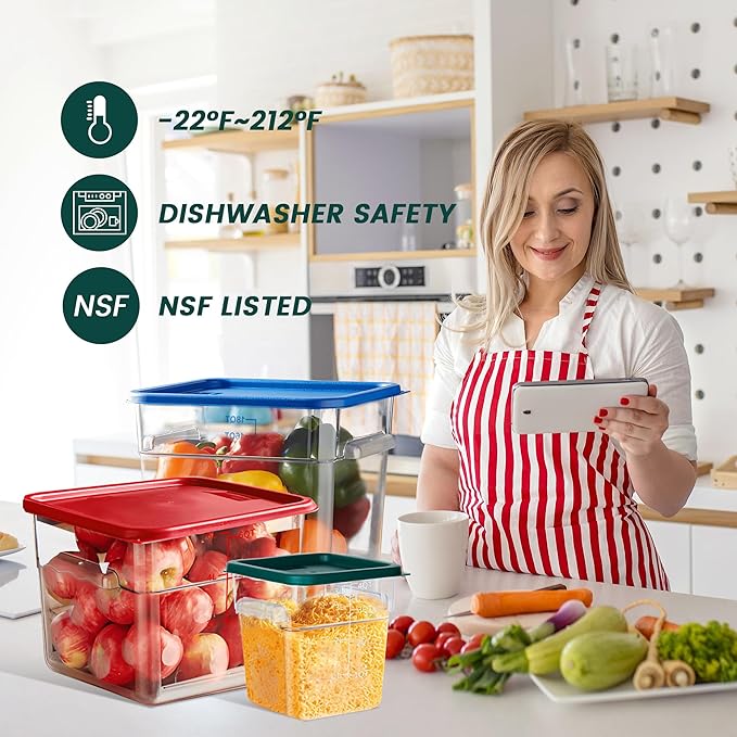 4 Pack Food Storage Containers, 2 Quart with Lids, Square Commercial Containers with Scale, NSF, Polycarbonate, Clear