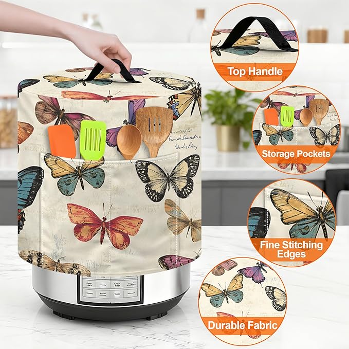 Kitchen Appliance Accessories Dust Cover for 3-6-8 Quart Instant Pot, Pressure Cooker, Air Fryer & Crock Pot,Decorative Appliance Cloth Cover with Top Handle & Storage Pockets (Butterfly, 8 Quart)