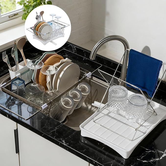 Expandable 2-in-1 Countertop & Sink Dish Drying Rack for Kitchen Counter, Stainless Steel Dish Drying Rack with Drain Board and Multi-Functional Kitchen Rack, Large Dish Rack Inside Sink