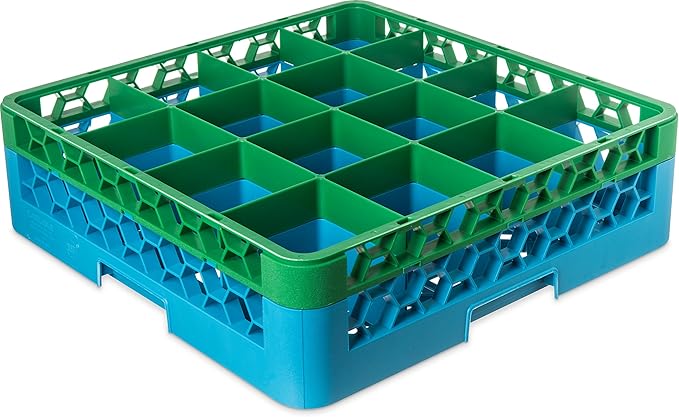 CFS RG16-1C413 OptiClean 16 Compartment Glass Rack with 1 Extender, 5.56", Polypropylene, green/CFS Blue
