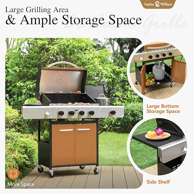 Sophia & William 4-Burner Gas BBQ Grill with Side Burner and Porcelain-Enameled Cast Iron Grates, 42,000BTU Propane Grills Outdoor Cooking Barbecue Grill Cabinet Style, Golden