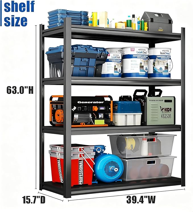 40" W Metal Garage Shelving Unit 2500LBS Heavy Duty Storage Shelves 4 Tier Adjustable Shelves Unit Metal Shelving for Kitchen Warehouse Pantry Basement, 40" W×63" H×16" D, Black