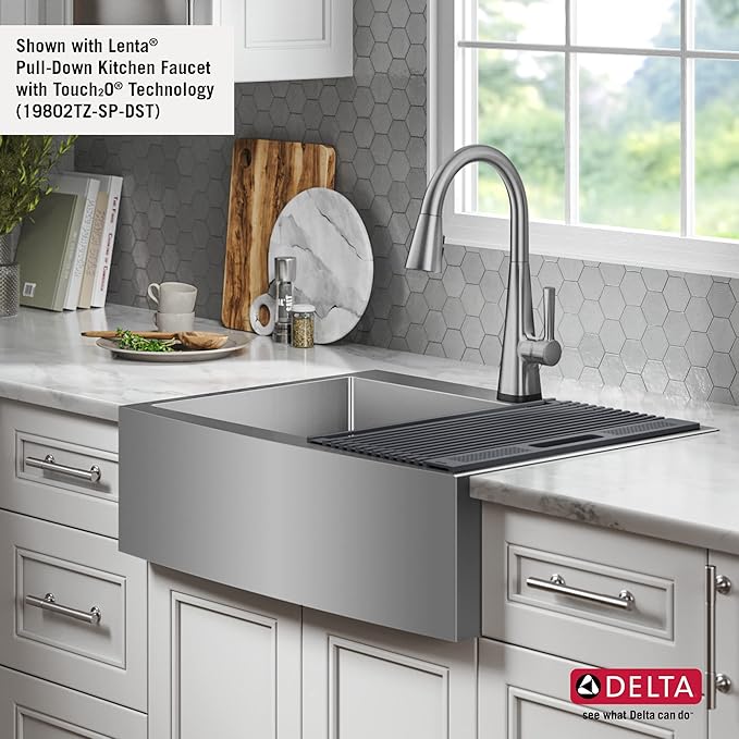 DELTA FAUCET Delta Lenta 33-inch Retrofit Farmhouse Apron Front 16 Gauge Stainless Steel Single Bowl Kitchen Sink for Undermount/Drop-In Installation with Accessories, 95J132-T33S-SS