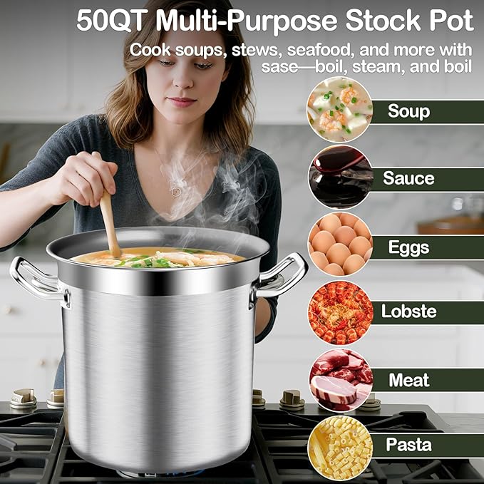 Stainless Steel Stock Pot,50 QT Large Stock Pot with Lid, Heavy Duty Tri-Ply Bottom Commercial Grade Stock Pots & Stockpots for Boiling Cooking Soup Stew Canning Cookware Sauce Cooking Pots